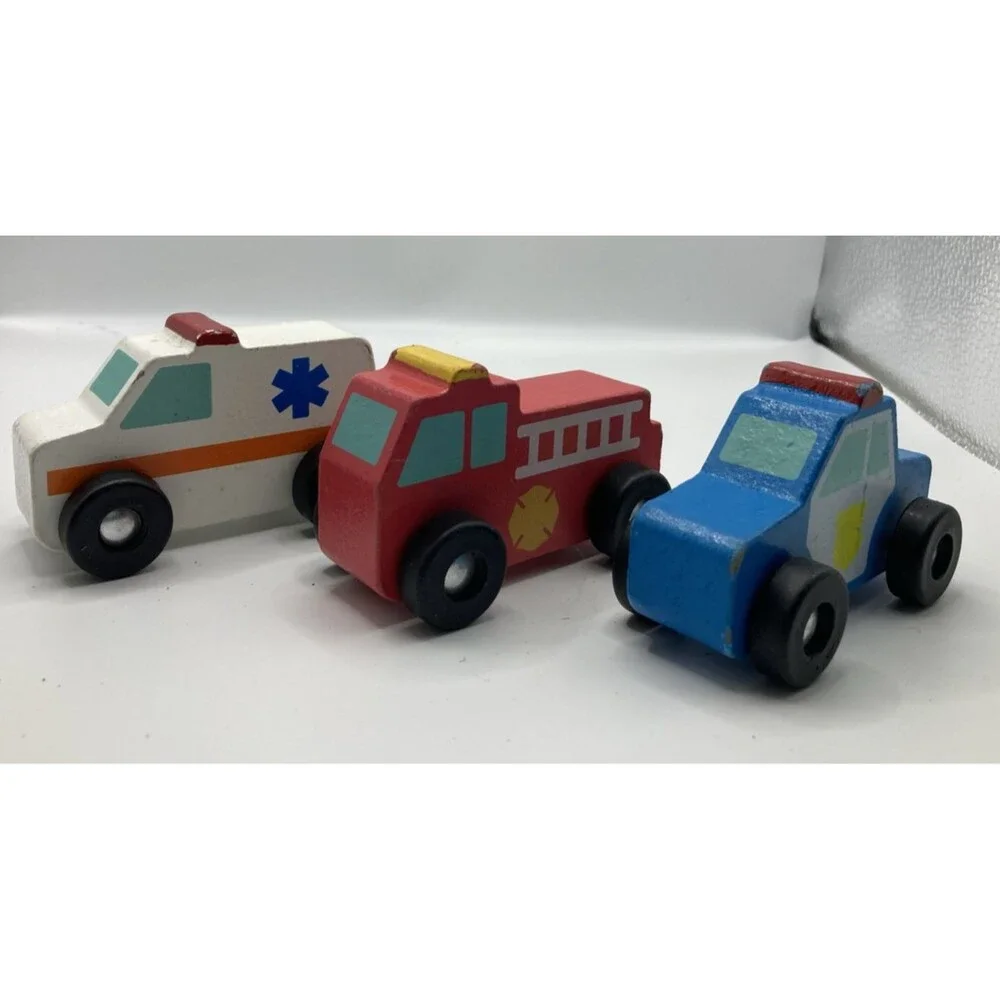 Melissa and Doug Wooden Emergency Vehicle Set Of 3 Toys Display Deco See Pics